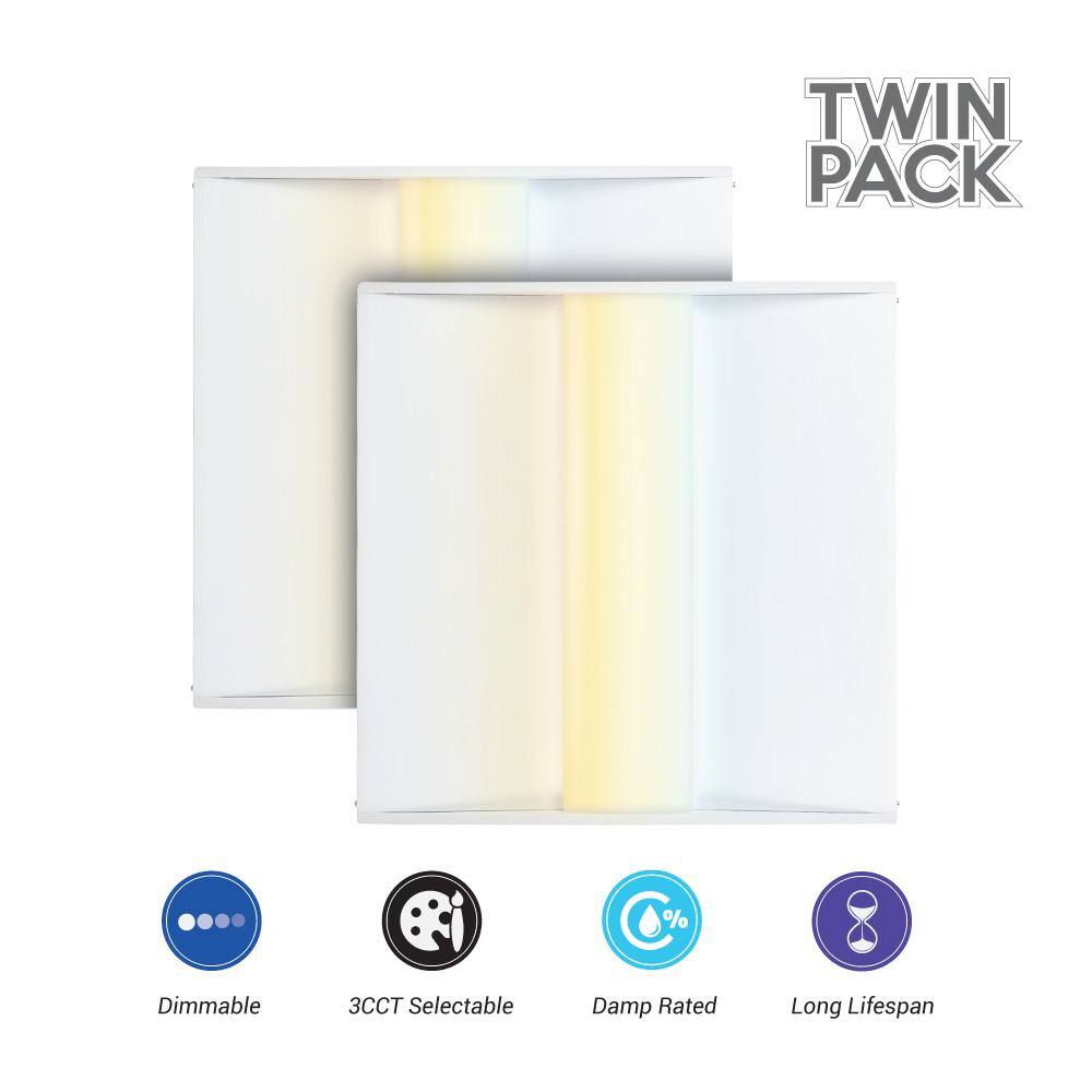 Euri Lighting 2 ft. x 2 ft. 128-Watt Equivalent Integrated LED White Troffer 3CCT Selectable (2-Pack)