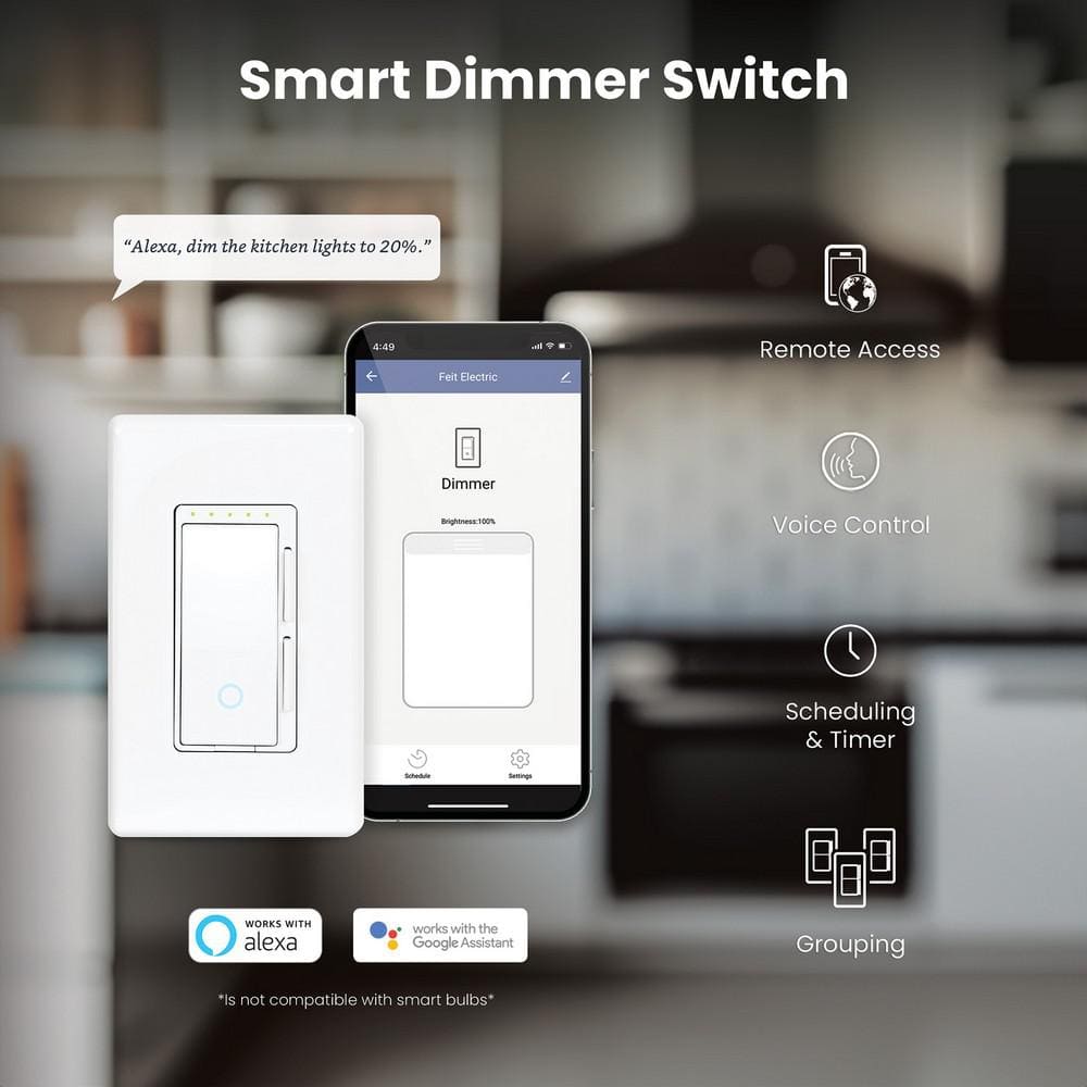 Feit Electric Smart Wi-Fi Connected White Dimmer Switch for Dimmable 150W LED and 450W Incandescent Bulbs/Single-Pole or 3-Way(3-Pack)