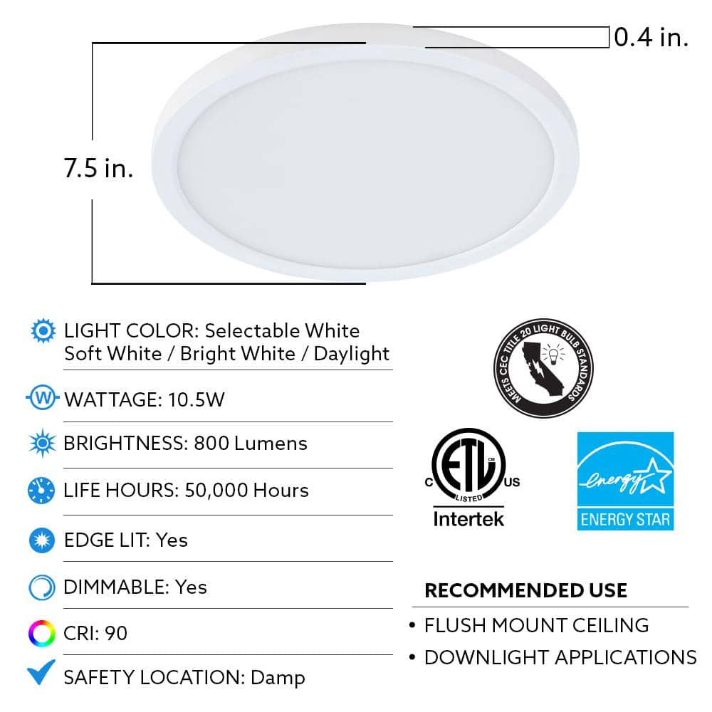 Feit Electric 7.5 in. 10.5-Watt Title 24 Dimmable White Integrated LED Round Flat Panel Ceiling Flush Mount with Color Change CCT