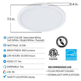 Feit Electric 7.5 in. 10.5-Watt Title 24 Dimmable White Integrated LED Round Flat Panel Ceiling Flush Mount with Color Change CCT