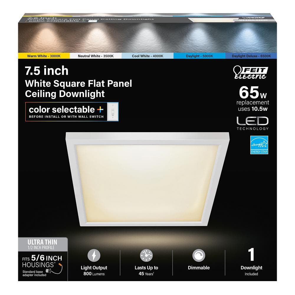Feit Electric 10.5-Watt Integrated LED Flush Mount 7.5 in. White Square Dimmable Flat Panel Ceiling with Color Change 5CCT