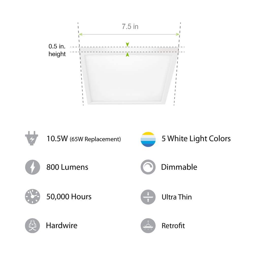 Feit Electric 10.5-Watt Integrated LED Flush Mount 7.5 in. White Square Dimmable Flat Panel Ceiling with Color Change 5CCT