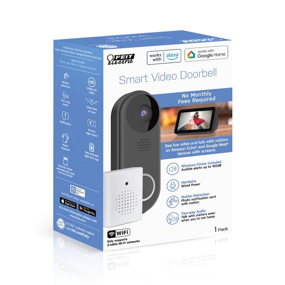 Feit Electric HD 1080P Hardwired Wi-Fi Smart Outdoor Black Doorbell Surveillance Home Security Camera Motion Sound Detection (3-Pack)