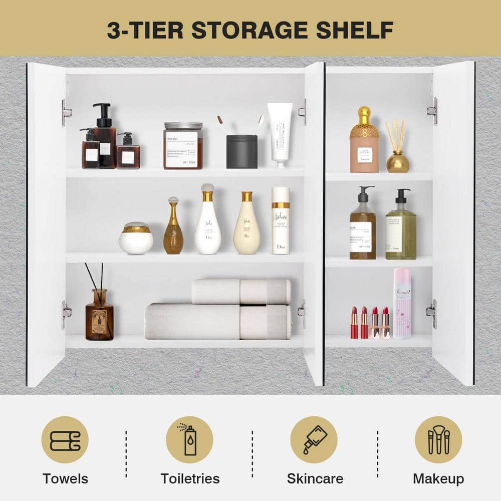 FORCLOVER 3-Door 36 in. W x 25.5 in. H Rectangular White MDF Steel Recessed or Surface Mount Medicine Cabinet with Mirror