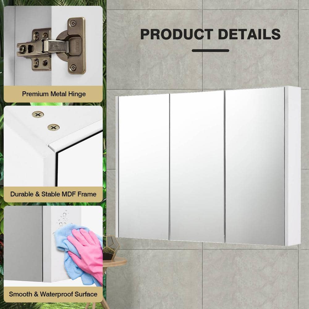 FORCLOVER 3-Door 36 in. W x 25.5 in. H Rectangular White MDF Steel Recessed or Surface Mount Medicine Cabinet with Mirror