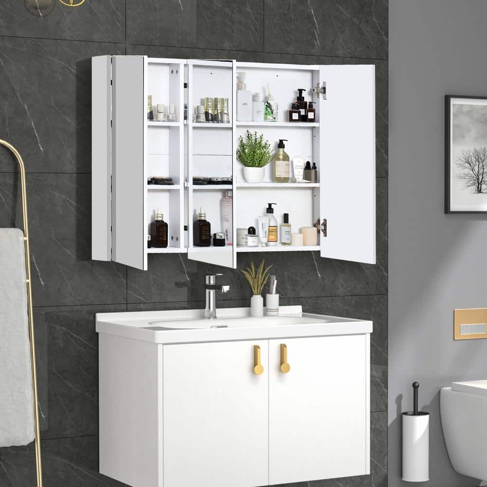 FORCLOVER 3-Door 36 in. W x 25.5 in. H Rectangular White MDF Steel Recessed or Surface Mount Medicine Cabinet with Mirror