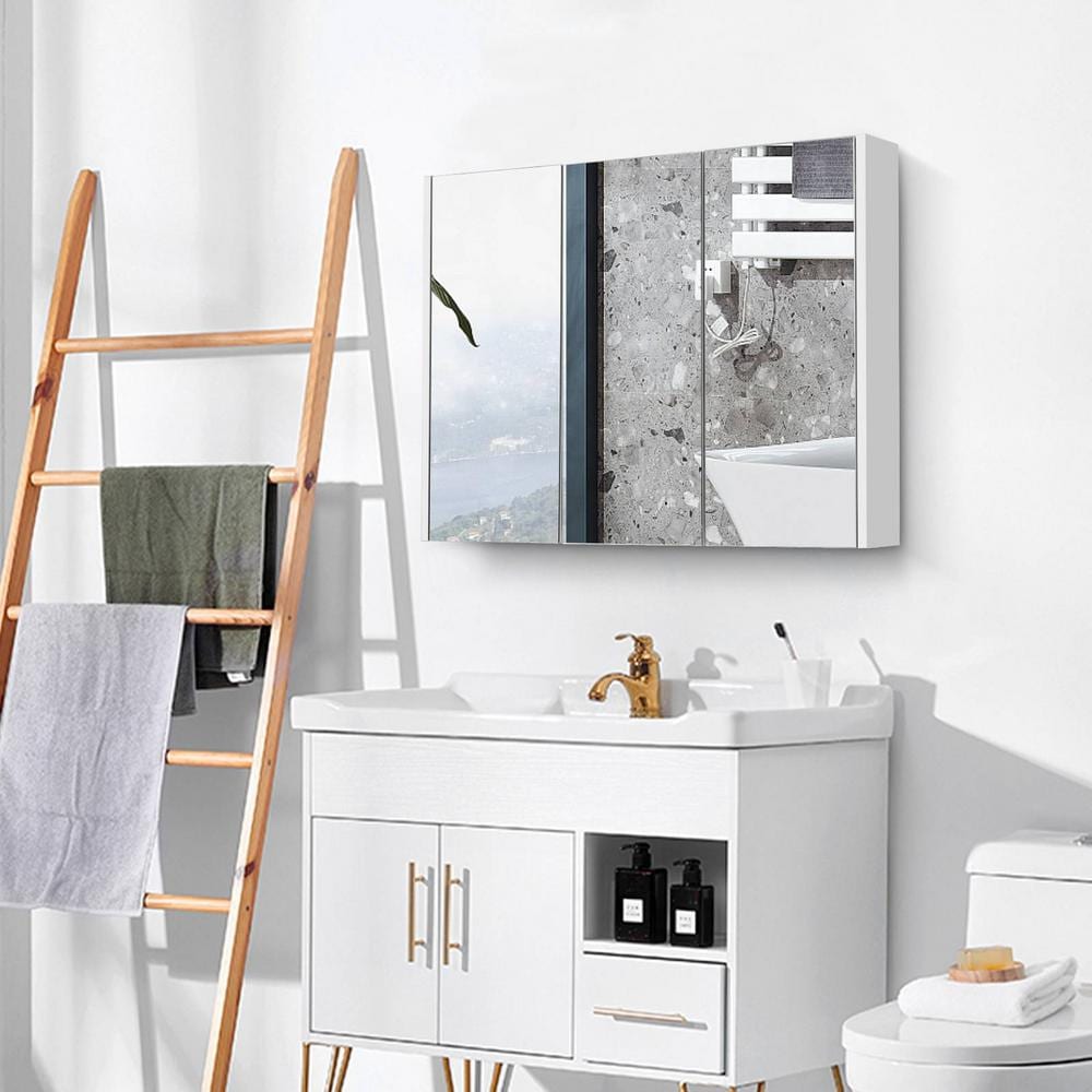 FORCLOVER 3-Door 36 in. W x 25.5 in. H Rectangular White MDF Steel Recessed or Surface Mount Medicine Cabinet with Mirror