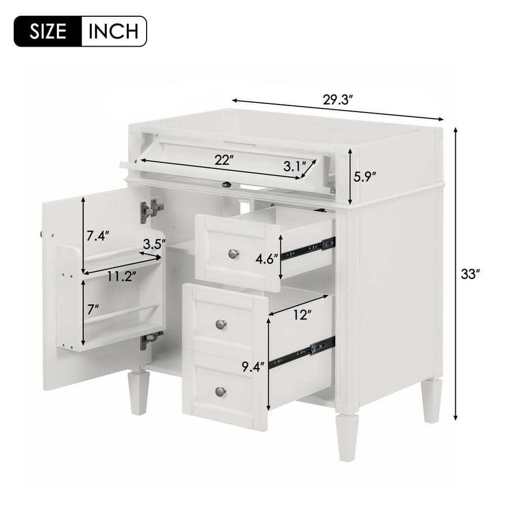 FUNKOL 29.3 x 17.87 x 33 In. White MDF Vertical Bath Cabinet with 3 Drawers and 1 Soft Close Door, Top Sink Not Included