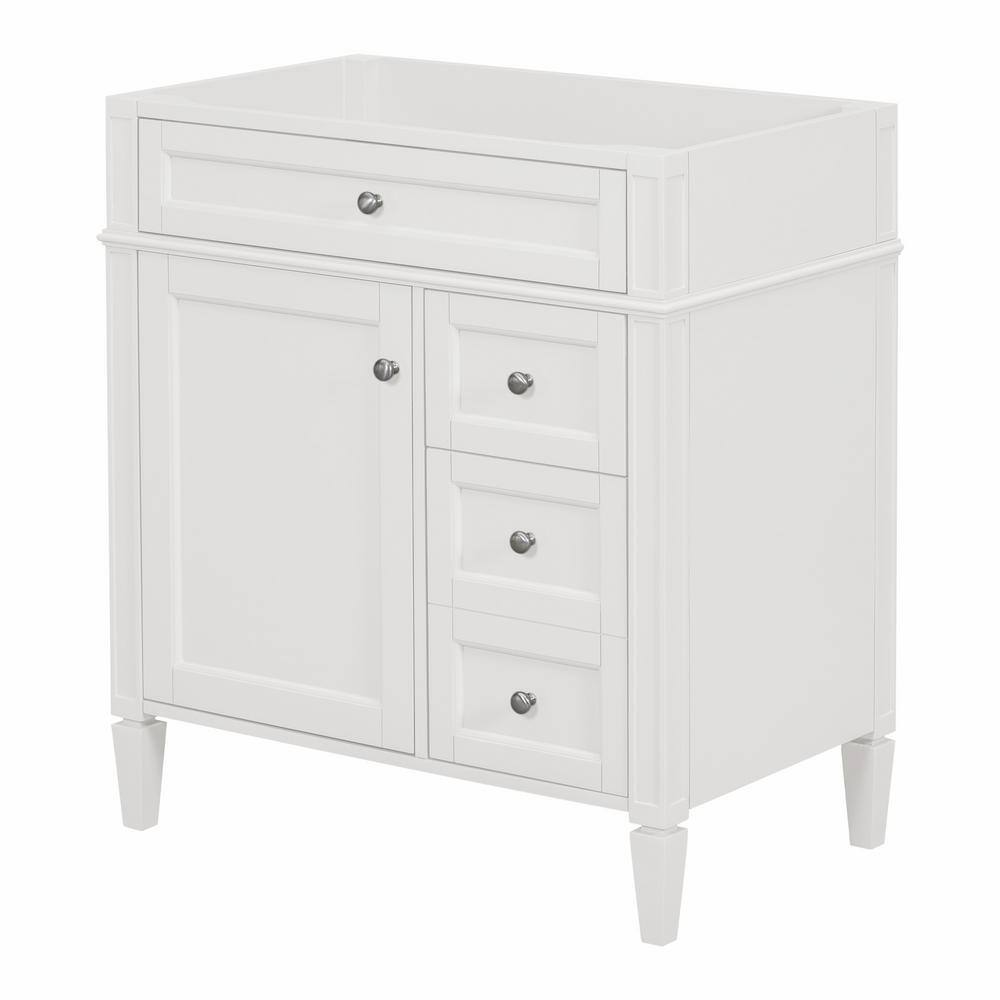 FUNKOL 29.3 x 17.87 x 33 In. White MDF Vertical Bath Cabinet with 3 Drawers and 1 Soft Close Door, Top Sink Not Included