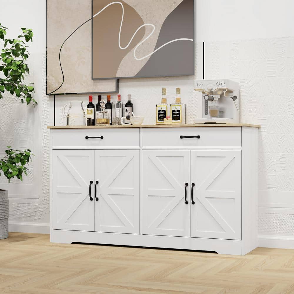 FUNKOL 55.91inx15.75inx32.09in MDF Ready to Assemble Kitchen Cabinet in White with 2 Drawers and 4 Doors with X
