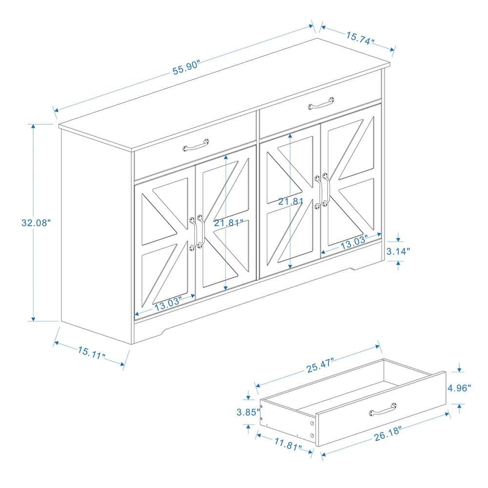 FUNKOL 55.91inx15.75inx32.09in MDF Ready to Assemble Kitchen Cabinet in White with 2 Drawers and 4 Doors with X