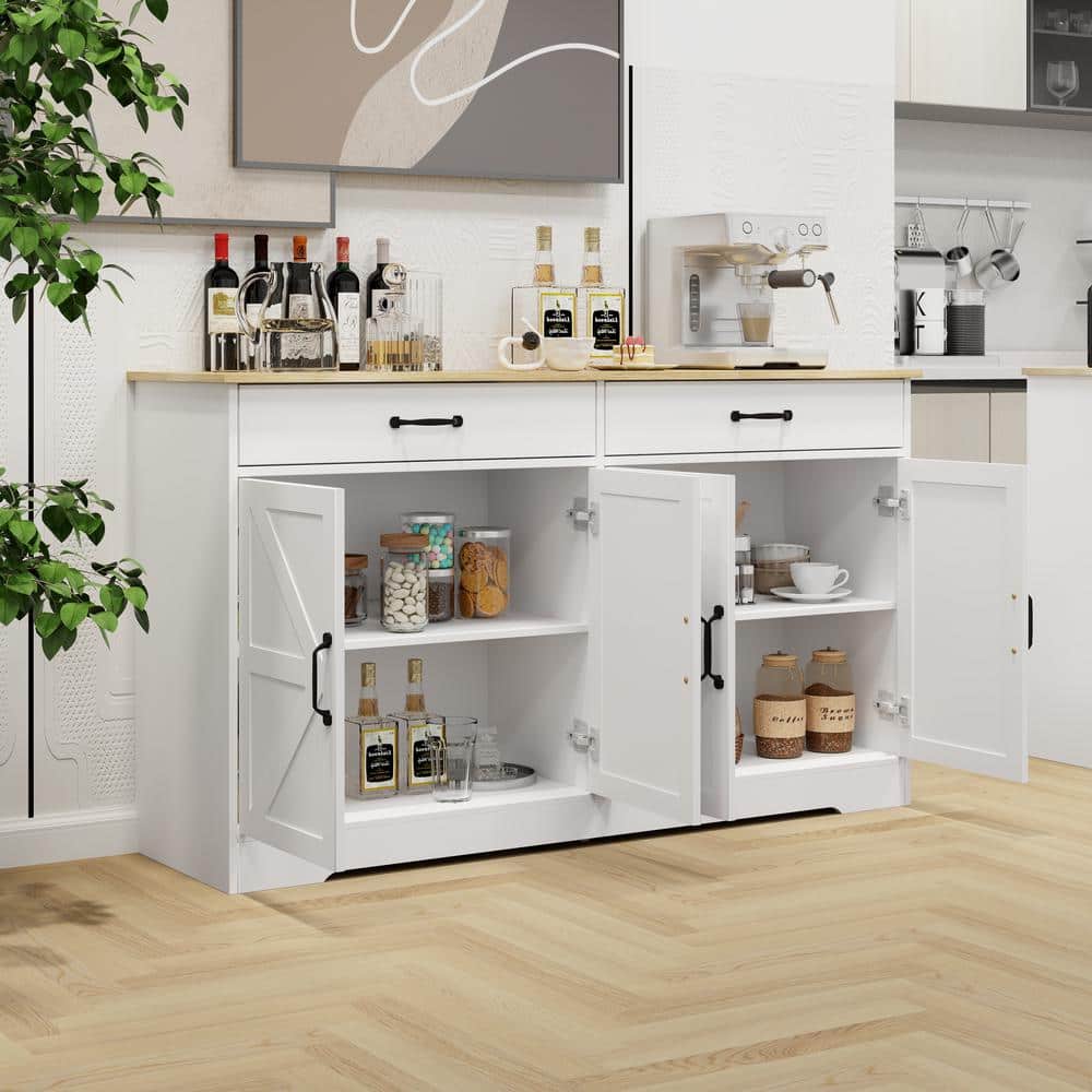 FUNKOL 55.91inx15.75inx32.09in MDF Ready to Assemble Kitchen Cabinet in White with 2 Drawers and 4 Doors with X