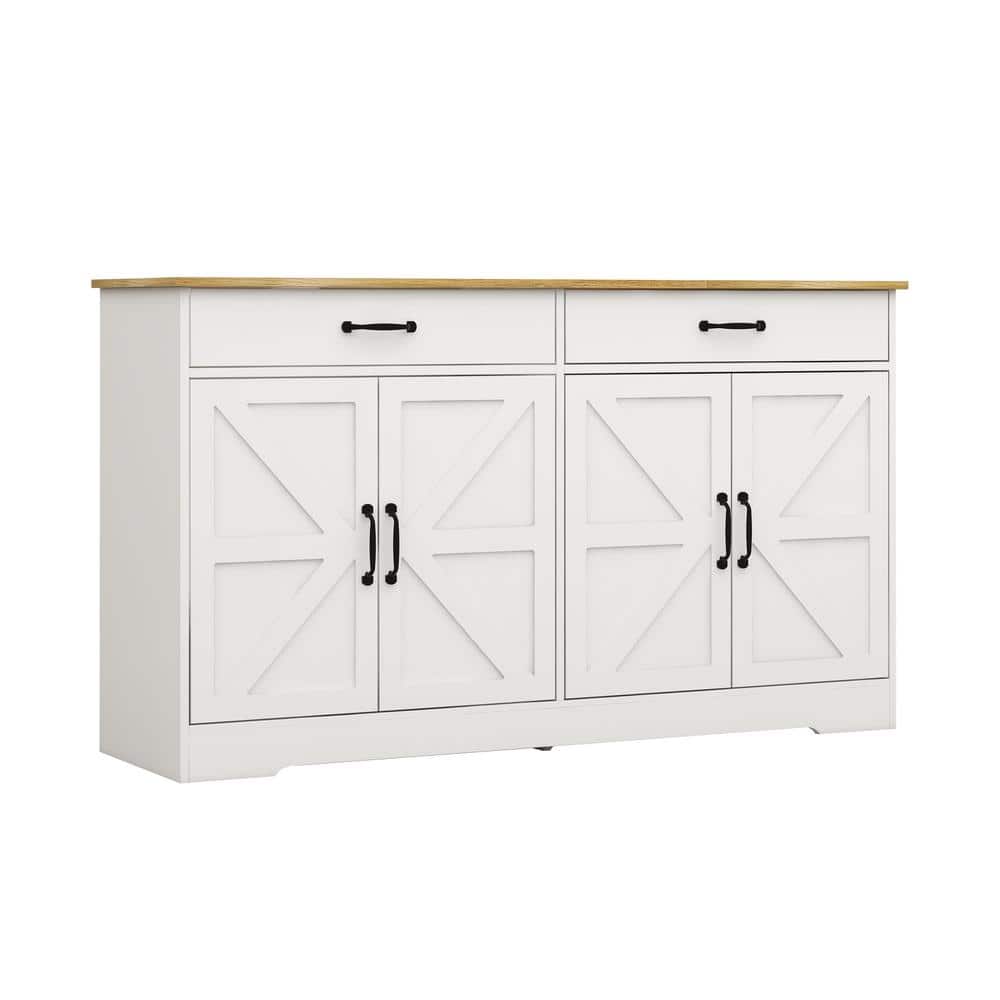 FUNKOL 55.91inx15.75inx32.09in MDF Ready to Assemble Kitchen Cabinet in White with 2 Drawers and 4 Doors with X