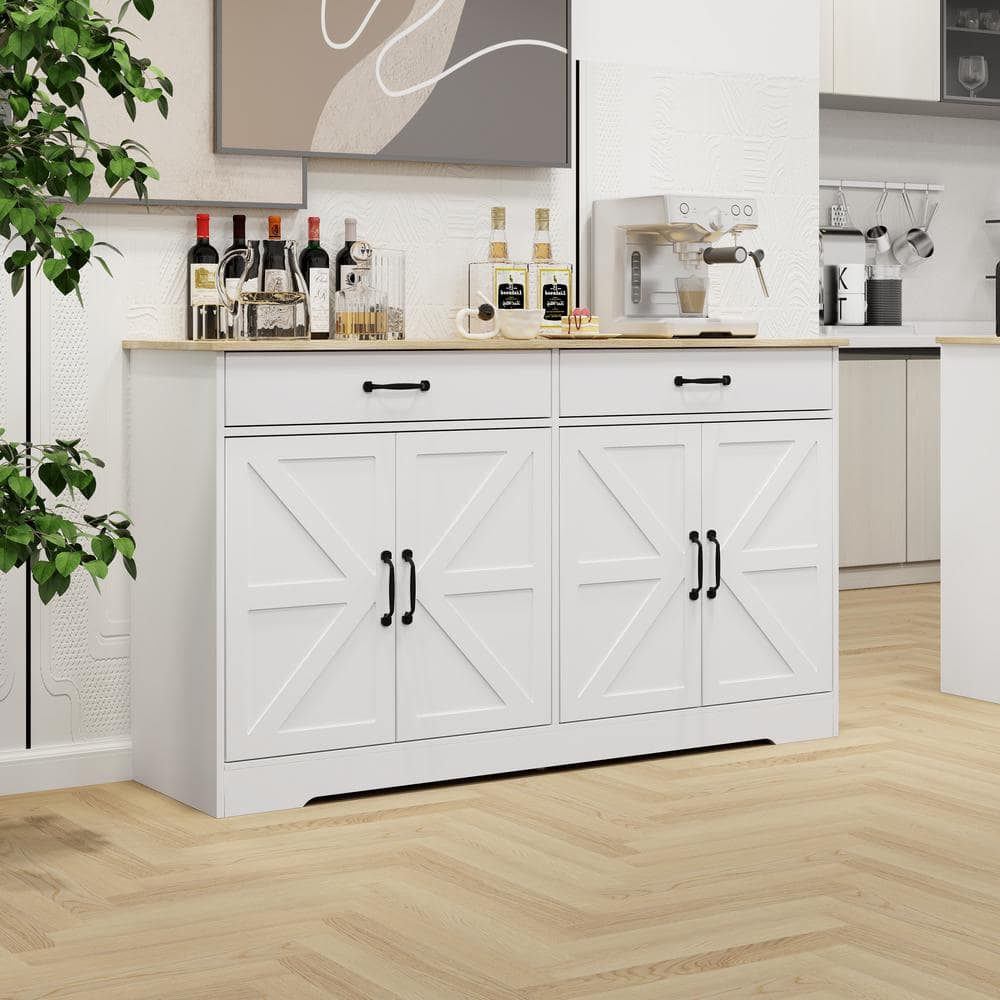 FUNKOL 55.91inx15.75inx32.09in MDF Ready to Assemble Kitchen Cabinet in White with 2 Drawers and 4 Doors with X