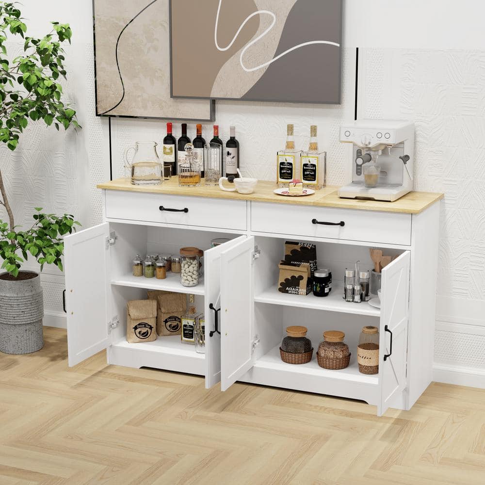 FUNKOL 55.91inx15.75inx32.09in MDF Ready to Assemble Kitchen Cabinet in White with 2 Drawers and 4 Doors with X
