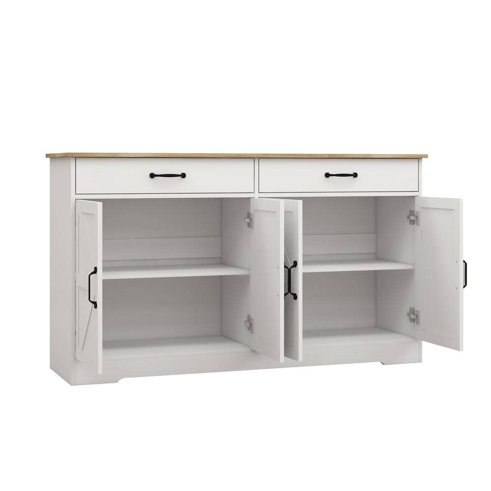 FUNKOL 55.91inx15.75inx32.09in MDF Ready to Assemble Kitchen Cabinet in White with 2 Drawers and 4 Doors with X