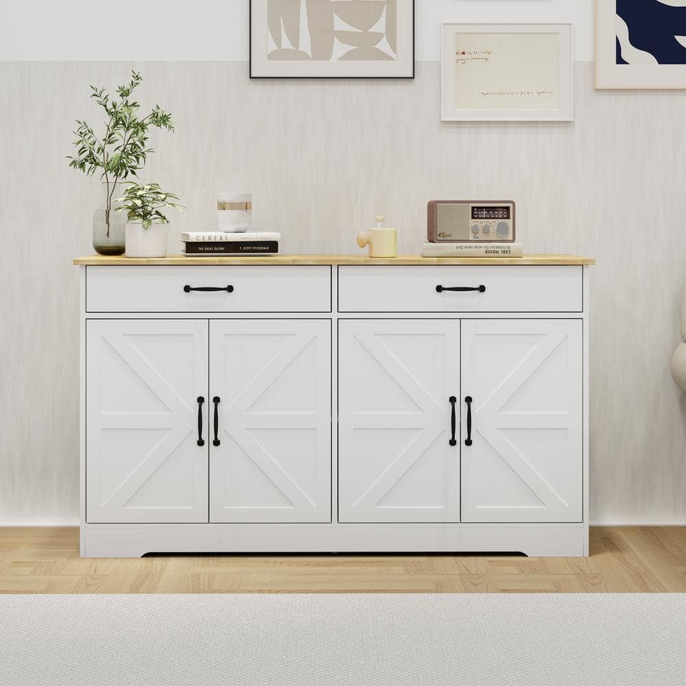 FUNKOL 55.91inx15.75inx32.09in MDF Ready to Assemble Kitchen Cabinet in White with 2 Drawers and 4 Doors with X