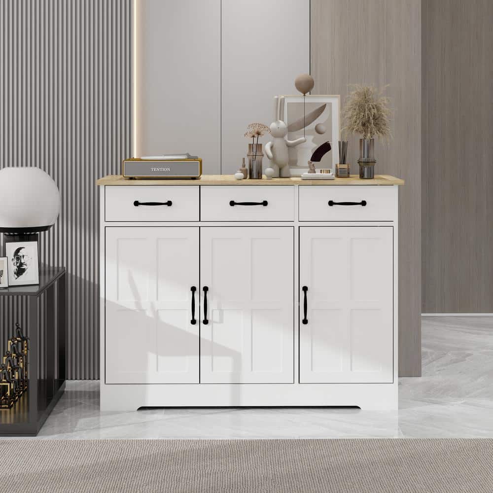 FUNKOL 42.72-in W x 15.35-in D x 32.09-in H in MDF Ready to Assemble Kitchen Cabinet in White with 3 Drawers and 3 Doors