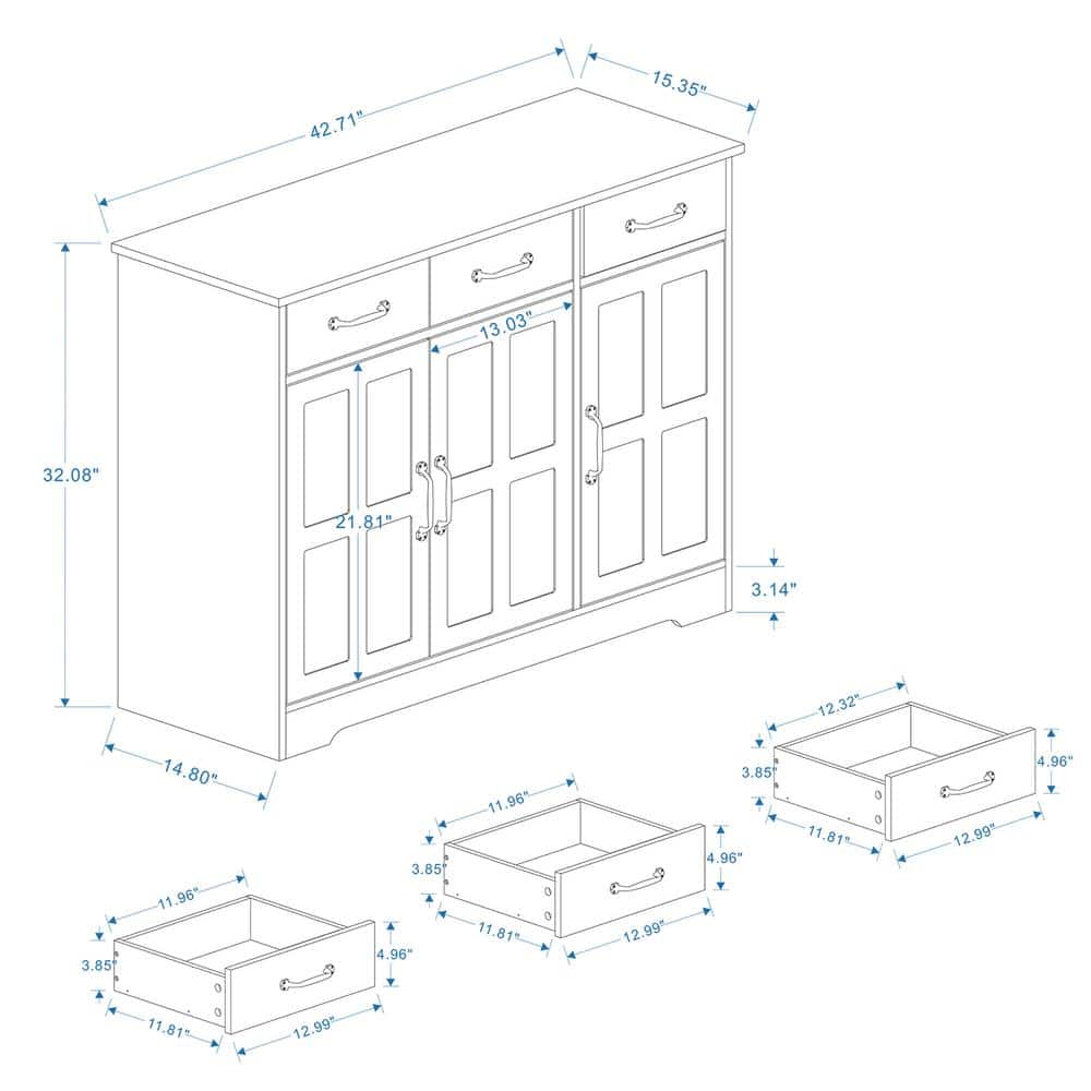 FUNKOL 42.72-in W x 15.35-in D x 32.09-in H in MDF Ready to Assemble Kitchen Cabinet in White with 3 Drawers and 3 Doors