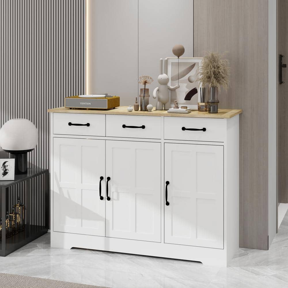 FUNKOL 42.72-in W x 15.35-in D x 32.09-in H in MDF Ready to Assemble Kitchen Cabinet in White with 3 Drawers and 3 Doors
