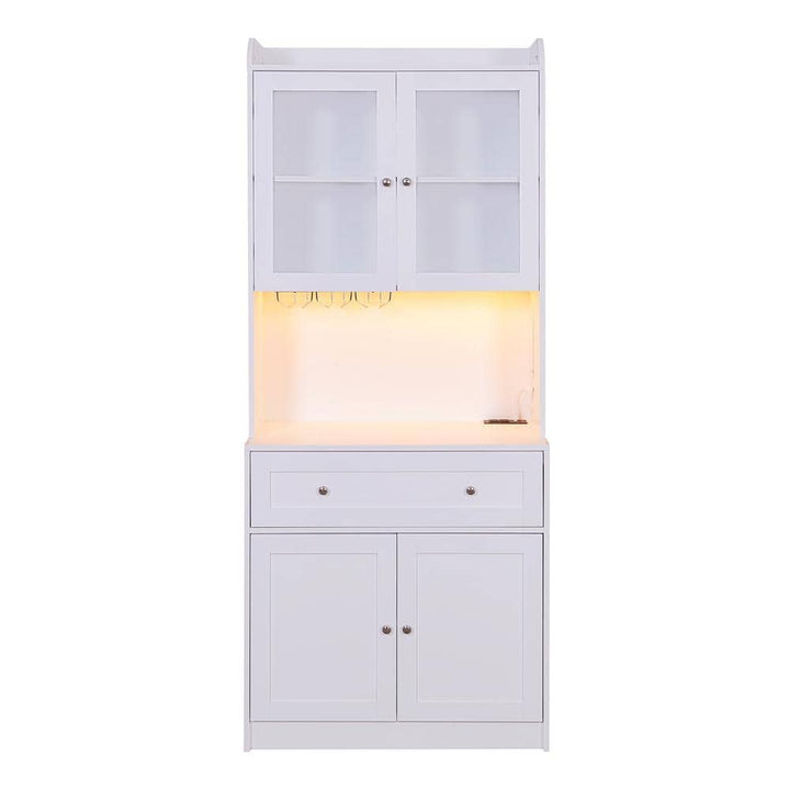 FUNKOL 31.5 in. x 15.75 in. x 70.87 in. White Classic MDF Kitchen Cabinet with Light Charging Stand Microwave Shelf & 1-Drawer