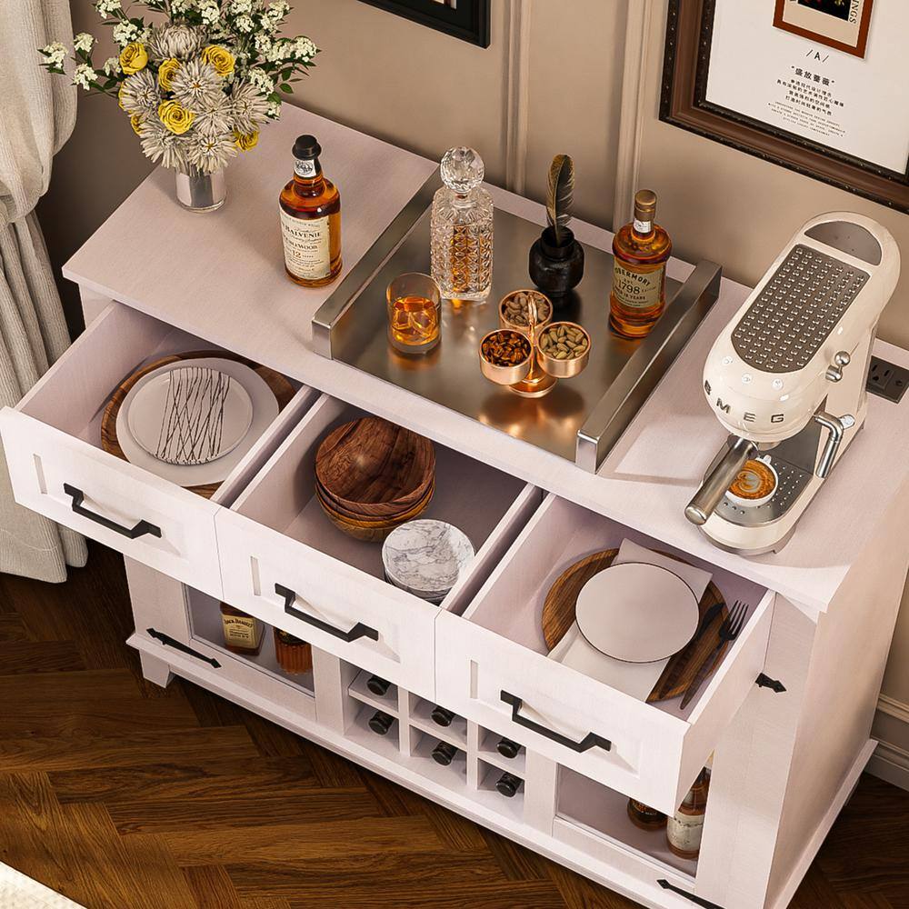 FUNKOL 41.73 in. x 15.35 in. x 30.91 in.Vintage White MDF Kitchen Cabinet w/3-Drawer LED Charging Station Wine Rack & GlassDoor