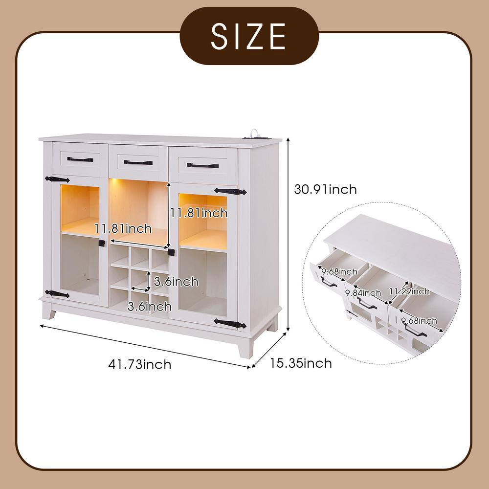 FUNKOL 41.73 in. x 15.35 in. x 30.91 in.Vintage White MDF Kitchen Cabinet w/3-Drawer LED Charging Station Wine Rack & GlassDoor