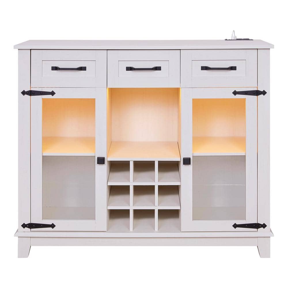 FUNKOL 41.73 in. x 15.35 in. x 30.91 in.Vintage White MDF Kitchen Cabinet w/3-Drawer LED Charging Station Wine Rack & GlassDoor