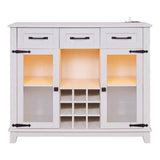FUNKOL 41.73 in. x 15.35 in. x 30.91 in.Vintage White MDF Kitchen Cabinet w/3-Drawer LED Charging Station Wine Rack & GlassDoor