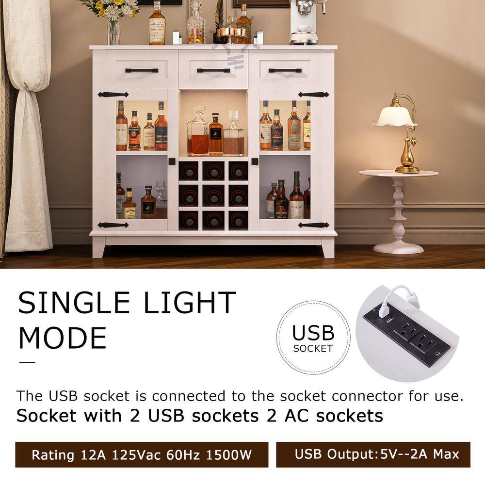 FUNKOL 41.73 in. x 15.35 in. x 30.91 in.Vintage White MDF Kitchen Cabinet w/3-Drawer LED Charging Station Wine Rack & GlassDoor
