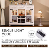 FUNKOL 41.73 in. x 15.35 in. x 30.91 in.Vintage White MDF Kitchen Cabinet w/3-Drawer LED Charging Station Wine Rack & GlassDoor