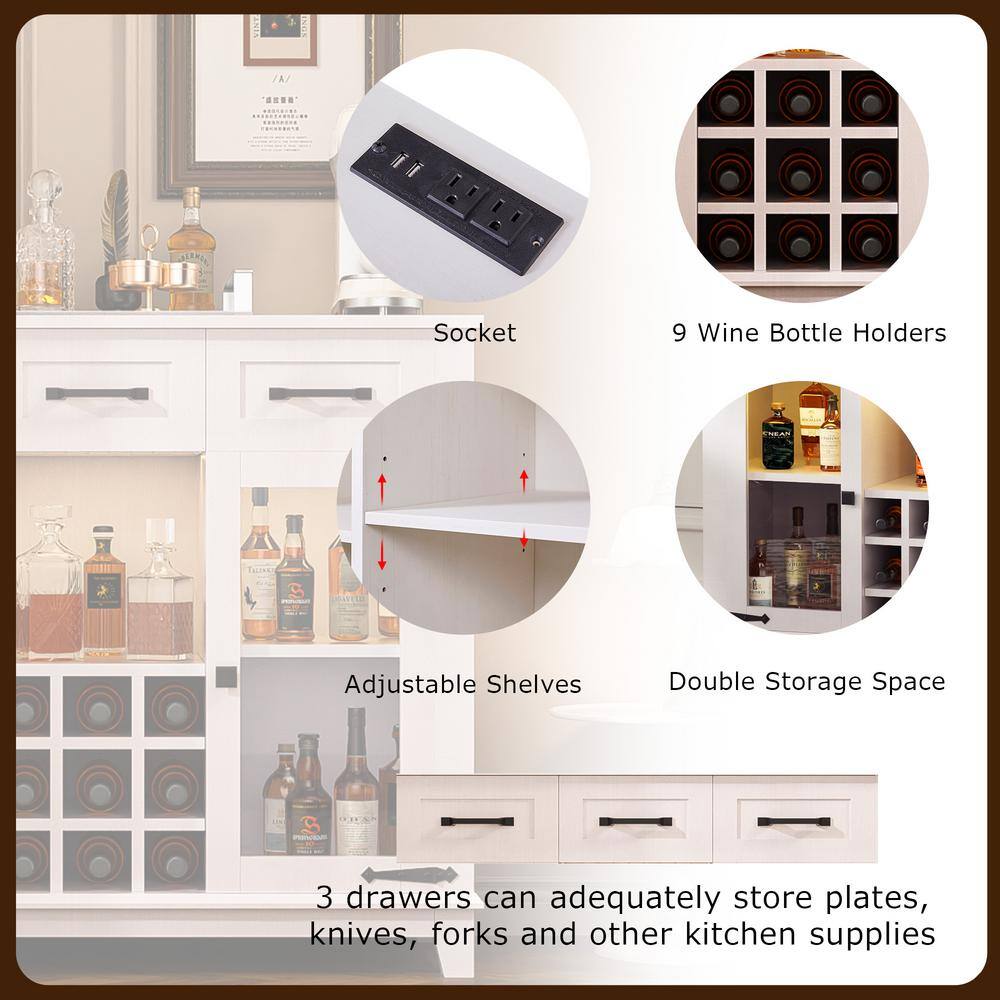 FUNKOL 41.73 in. x 15.35 in. x 30.91 in.Vintage White MDF Kitchen Cabinet w/3-Drawer LED Charging Station Wine Rack & GlassDoor