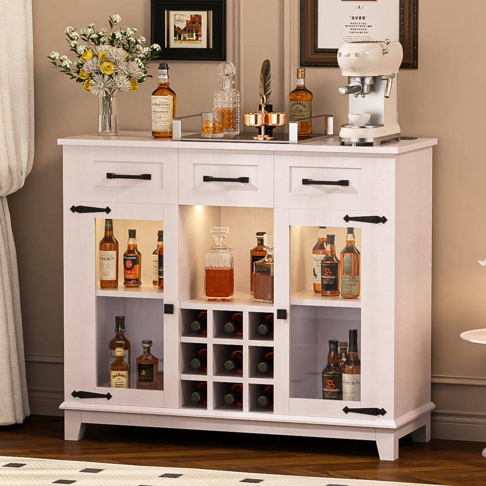 FUNKOL 41.73 in. x 15.35 in. x 30.91 in.Vintage White MDF Kitchen Cabinet w/3-Drawer LED Charging Station Wine Rack & GlassDoor