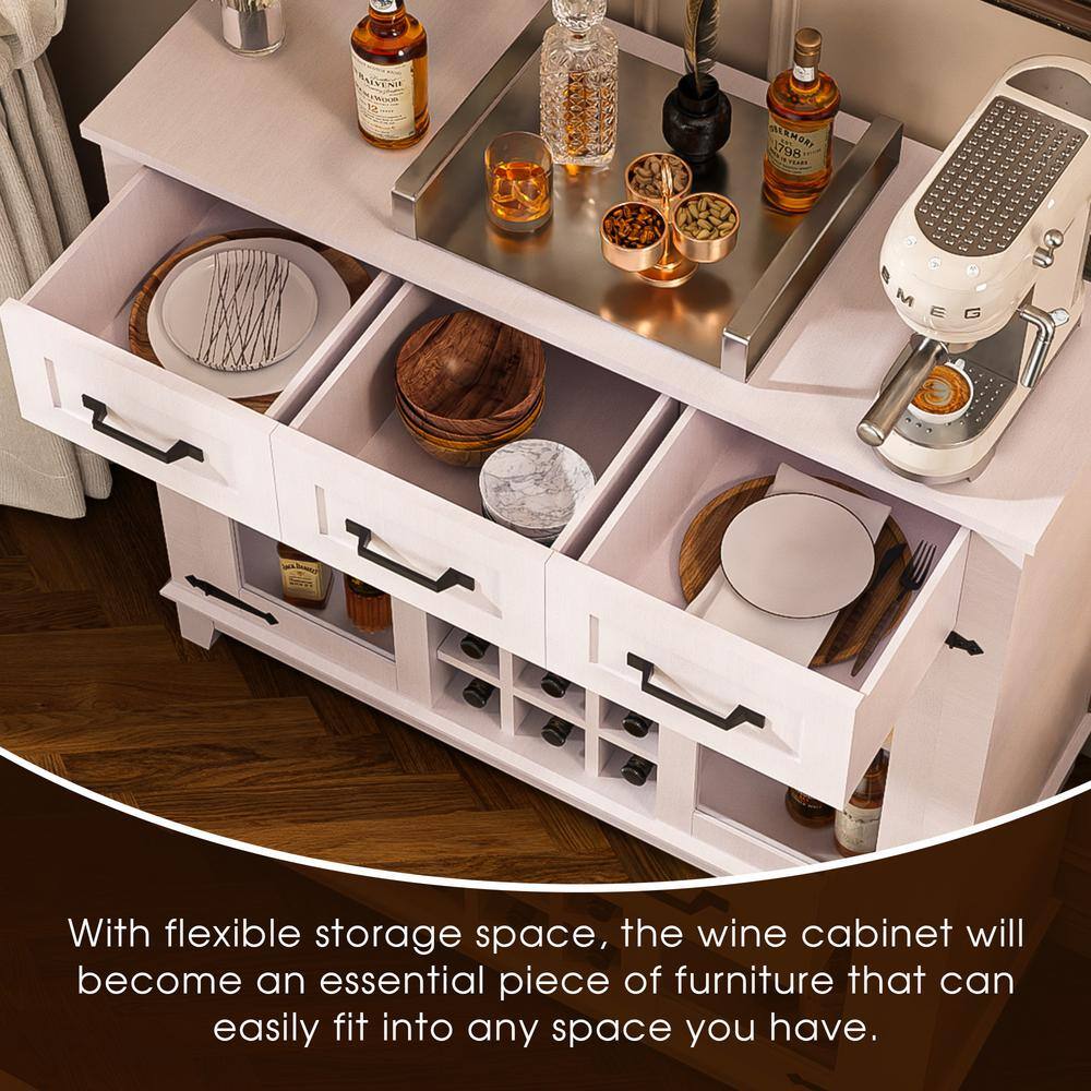 FUNKOL 41.73 in. x 15.35 in. x 30.91 in.Vintage White MDF Kitchen Cabinet w/3-Drawer LED Charging Station Wine Rack & GlassDoor
