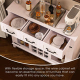 FUNKOL 41.73 in. x 15.35 in. x 30.91 in.Vintage White MDF Kitchen Cabinet w/3-Drawer LED Charging Station Wine Rack & GlassDoor