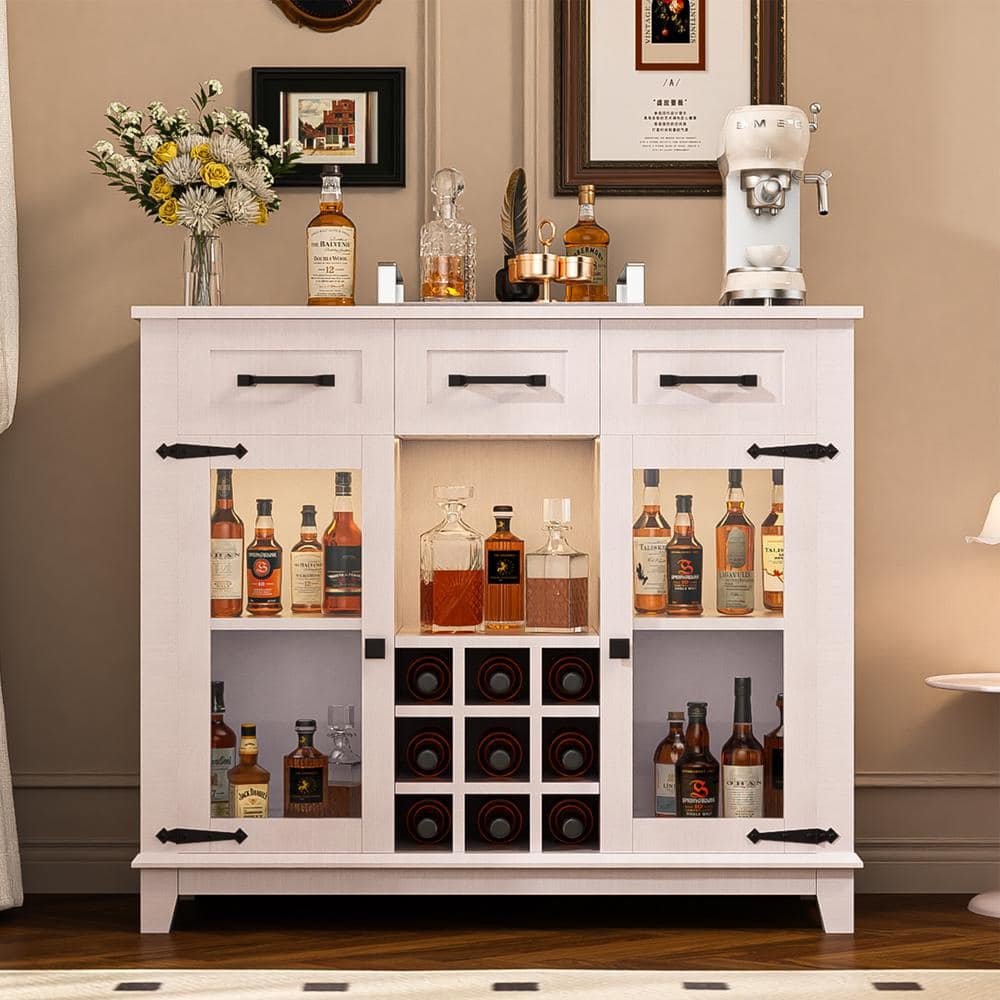 FUNKOL 41.73 in. x 15.35 in. x 30.91 in.Vintage White MDF Kitchen Cabinet w/3-Drawer LED Charging Station Wine Rack & GlassDoor