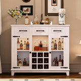 FUNKOL 41.73 in. x 15.35 in. x 30.91 in.Vintage White MDF Kitchen Cabinet w/3-Drawer LED Charging Station Wine Rack & GlassDoor