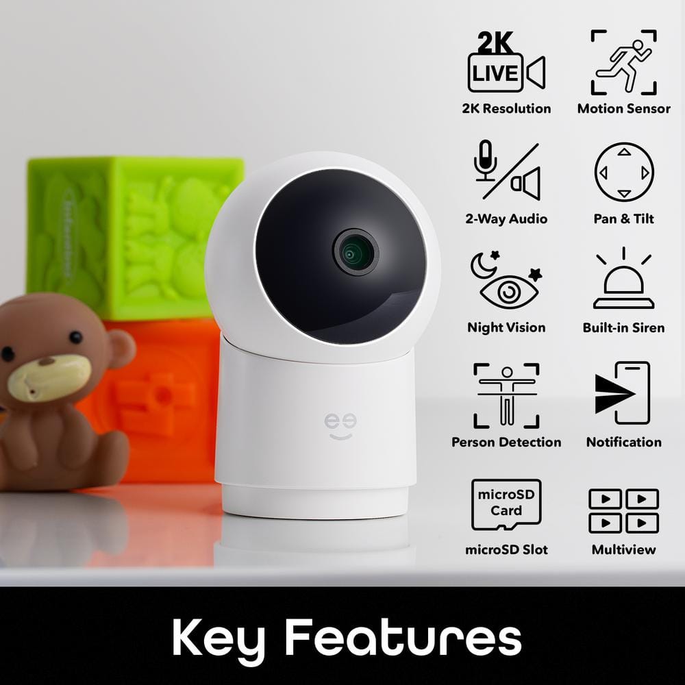 Geeni Scope 2K Wired Plug-In Indoor Smart Auto-Tracking Security Camera, Pan, Tilt, Zoom, Night Vision, 2-Way Talk, White