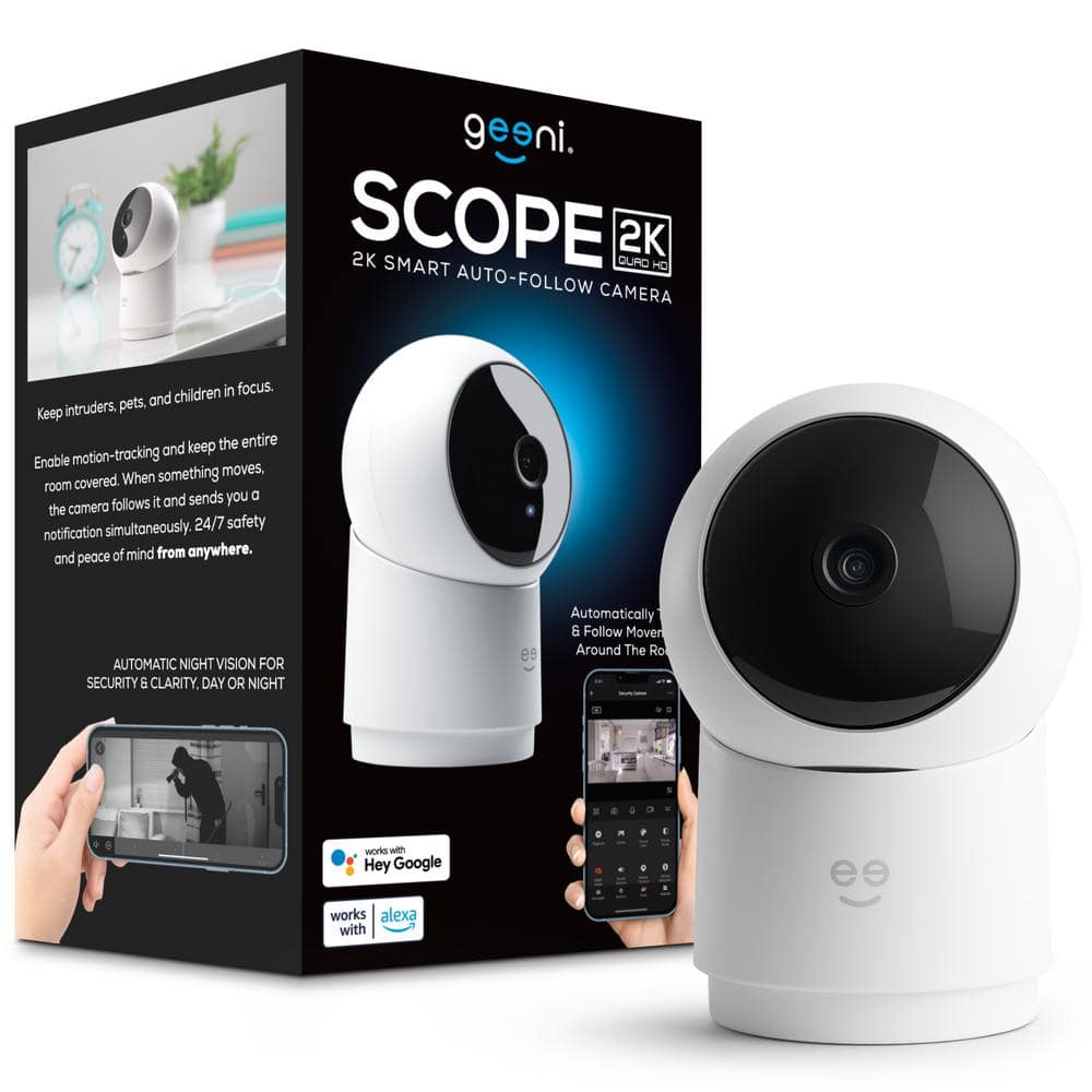 Geeni Scope 2K Wired Plug-In Indoor Smart Auto-Tracking Security Camera, Pan, Tilt, Zoom, Night Vision, 2-Way Talk, White