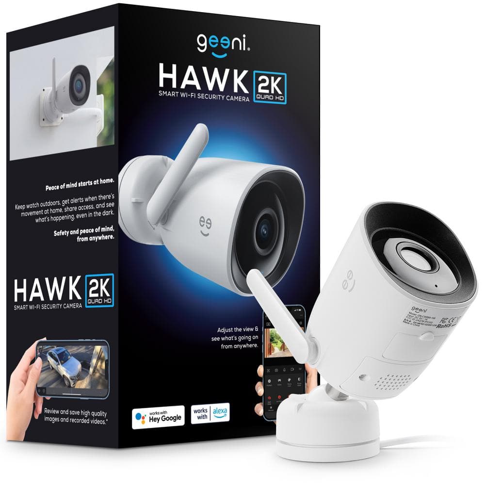 Geeni Hawk 2K Wired Outdoor Smart Plug-In Security Camera, 2.4 GHz Wi-Fi, Color Night Vision, 2-Way Audio, Voice Control White