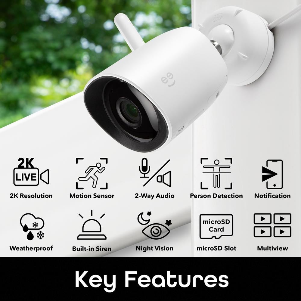 Geeni Hawk 2K Wired Outdoor Smart Plug-In Security Camera, 2.4 GHz Wi-Fi, Color Night Vision, 2-Way Audio, Voice Control White