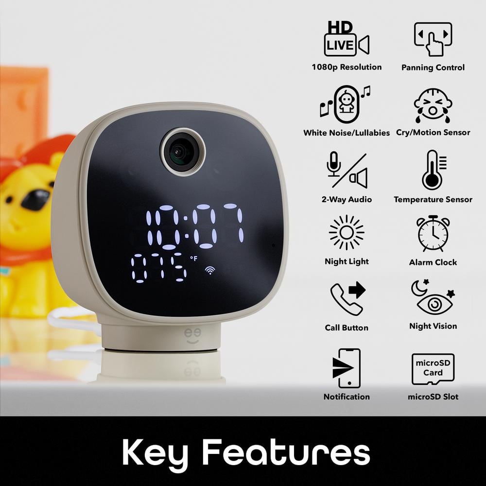 Geeni Serenity Smart Plug-In Clock Security Camera, Indoor 1080P Wi-Fi Monitor, 2-Way Audio, Night Light