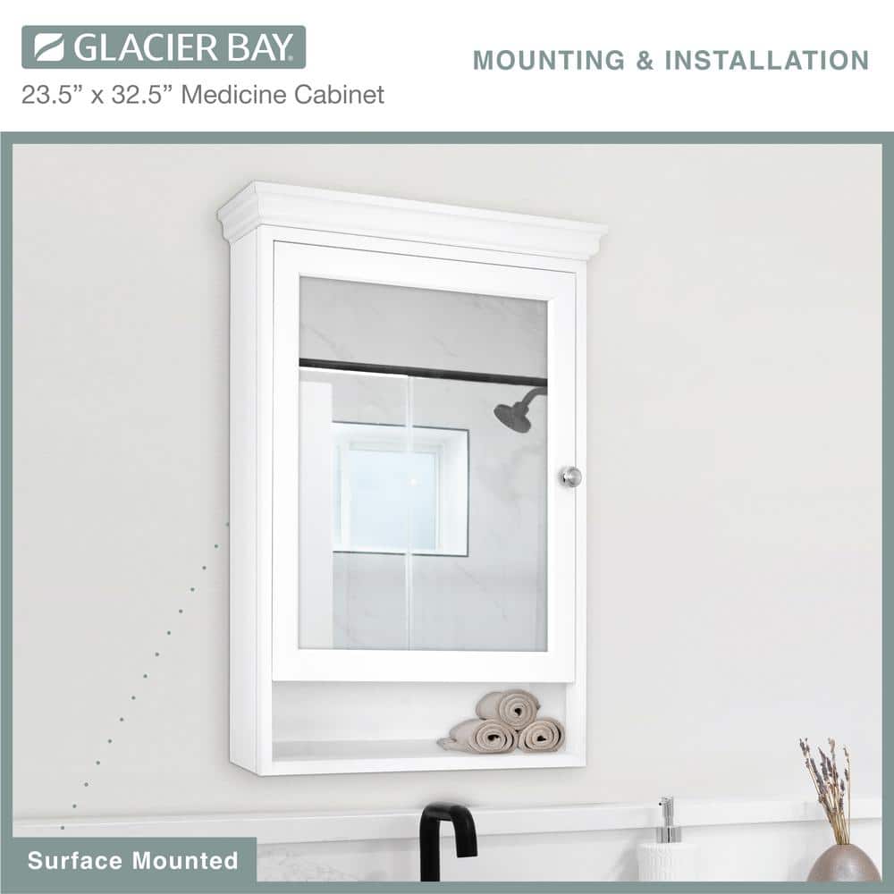 Glacier Bay 23-1/2 in. W x 32-1/2 in. H Framed Surface-Mount Bathroom Medicine Cabinet with Mirror, White