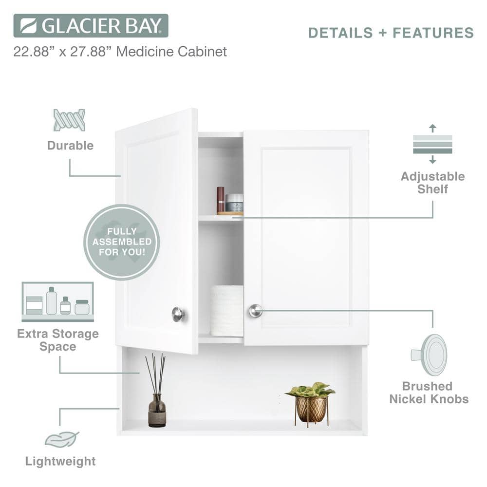 Glacier Bay 22-7/8 in. W. x 27-7/8 in. H Framed Surface-Mount Rectangular Bathroom Medicine Cabinet with Mirror, White
