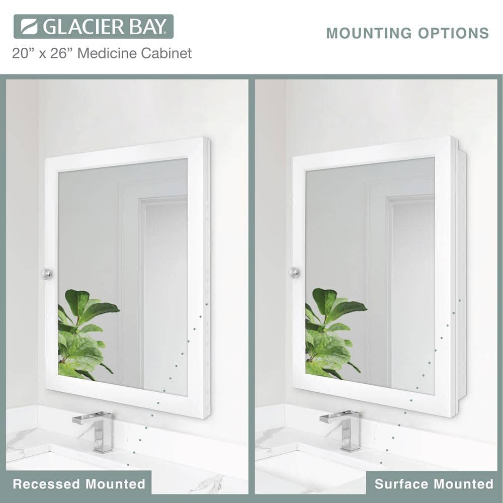 Glacier Bay 20 in. W x 26 in. H Rectangular Framed Recessed or Surface-Mount Bathroom Medicine Cabinet with Mirror, White