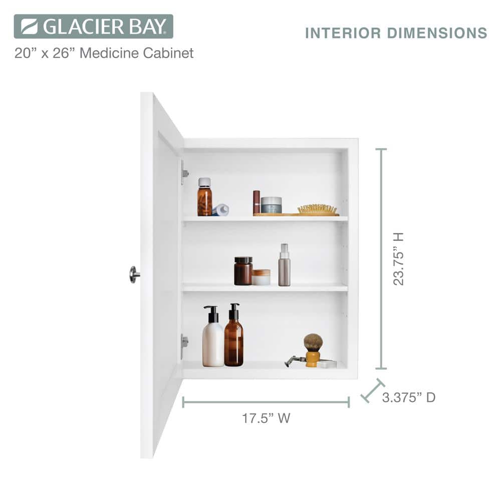 Glacier Bay 20 in. W x 26 in. H Rectangular Framed Recessed or Surface-Mount Bathroom Medicine Cabinet with Mirror, White