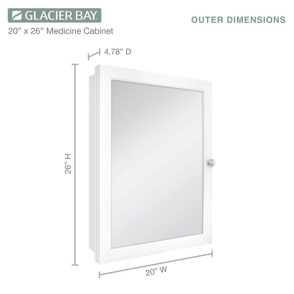 Glacier Bay 20 in. W x 26 in. H Rectangular Framed Recessed or Surface-Mount Bathroom Medicine Cabinet with Mirror, White