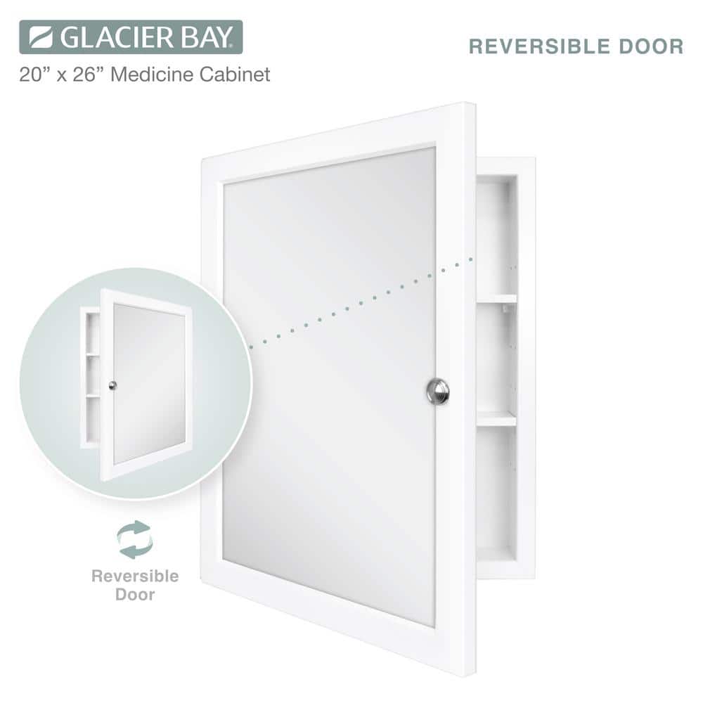 Glacier Bay 20 in. W x 26 in. H Rectangular Framed Recessed or Surface-Mount Bathroom Medicine Cabinet with Mirror, White
