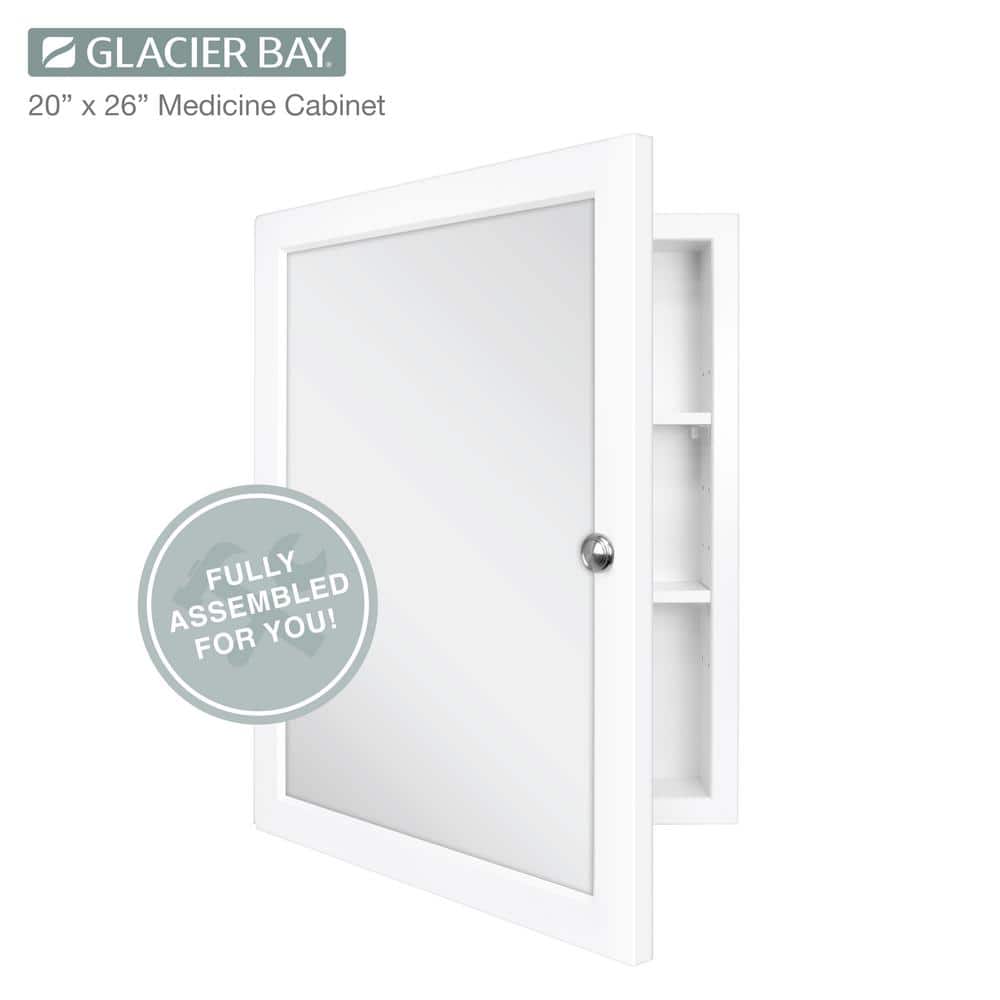 Glacier Bay 20 in. W x 26 in. H Rectangular Framed Recessed or Surface-Mount Bathroom Medicine Cabinet with Mirror, White