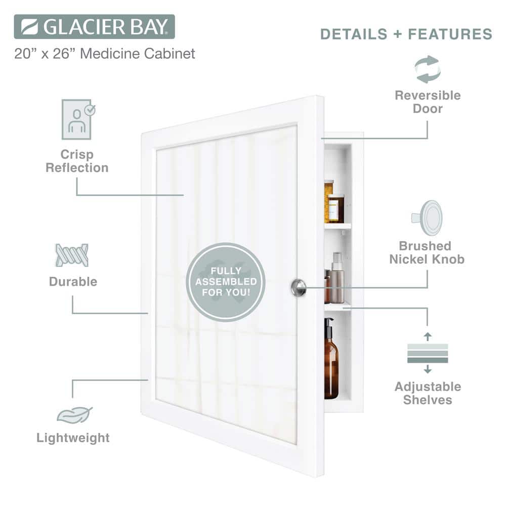 Glacier Bay 20 in. W x 26 in. H Rectangular Framed Recessed or Surface-Mount Bathroom Medicine Cabinet with Mirror, White